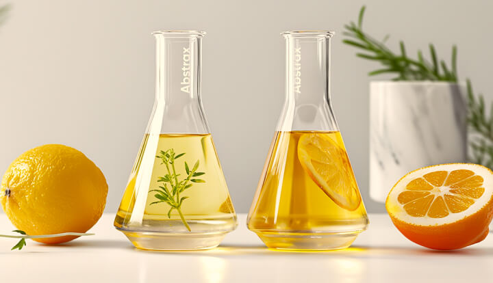 Abstrax branded lab flasks with lemon and orange citrus extracts — exceptional custom flavor development and quick flavor matching