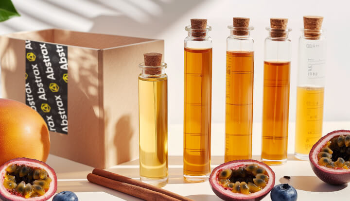 Abstrax flavor sample vials with passion fruit, blueberry, and cinnamon botanicals next to branded shipping box — fast flavor samples that taste incredible