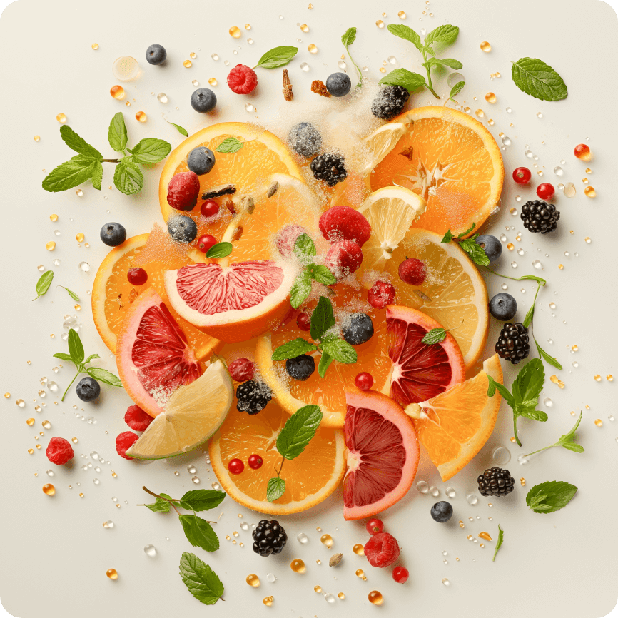 Fresh citrus fruits and botanical ingredients used in Abstrax custom beverage flavor development